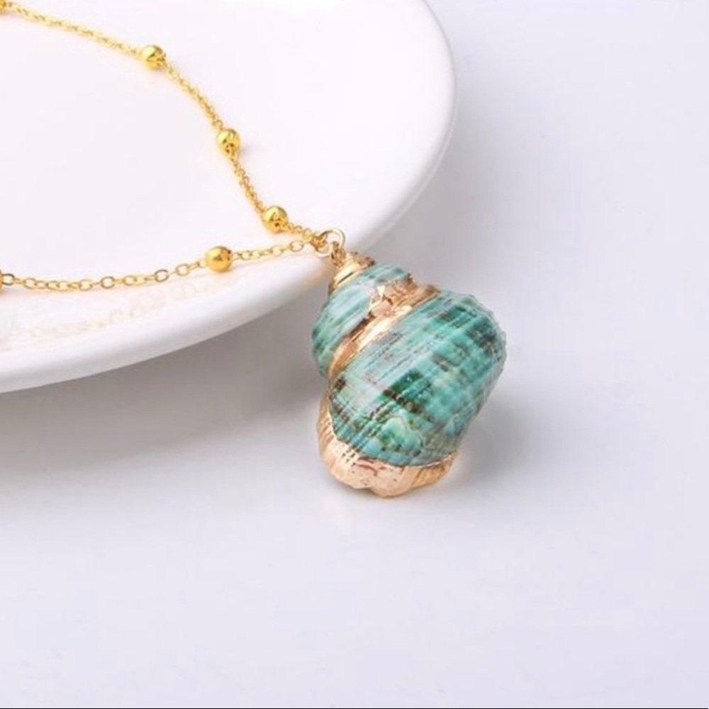 Seaside Seashell Necklace in Turquoise + Gold